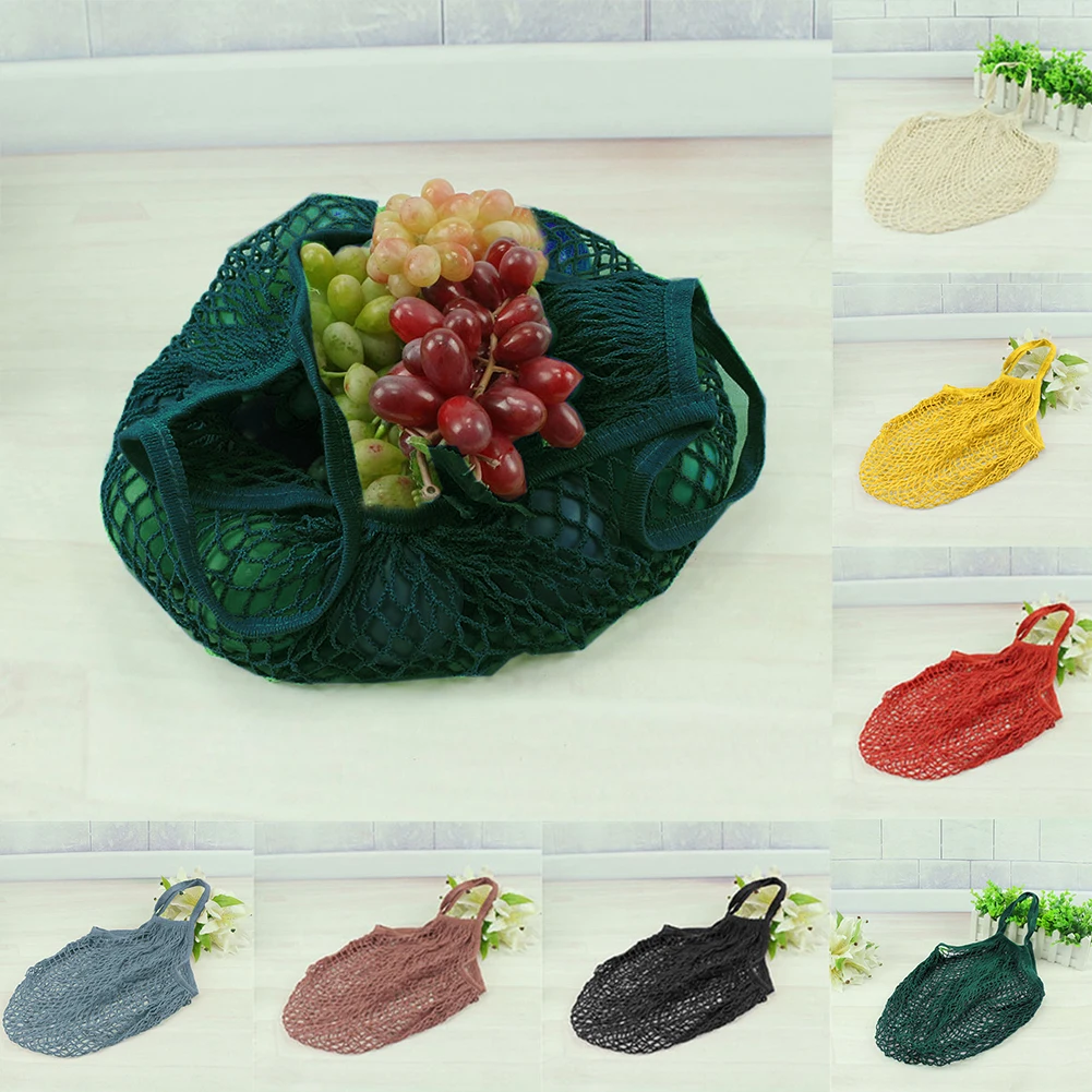 Reusable Cotton Large Capacity Solid Tote Mesh Net Handbag Grocery Fashion Long Fruit Storage Portable Pocket Shopping Bag