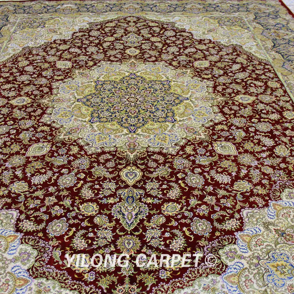 YILONG 9'x12' персидский шелковый ковер античный красный медальон ручной работы шелковый ковер в восточном стиле(SL187
