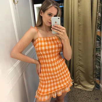 

Women Plaid Spaghetti Strap Bow Dress Summer Cute Teenage Girl Style Casual Short Mini Dress