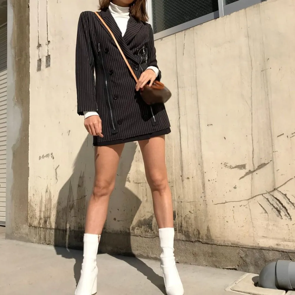 High Street женский костюм корейский ремень полосатый Длинный блейзер V образным вырезом двубортный черный пояс Slim Fit на молнии наряд