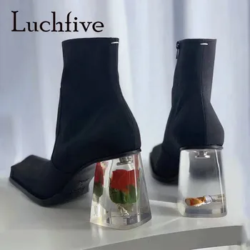 

Black Satin Chelsea Boots Rose Flower Insert Crystal High Heel Square Toe Ankle Boots female Botas Mujer INS Fashion Shoes Women