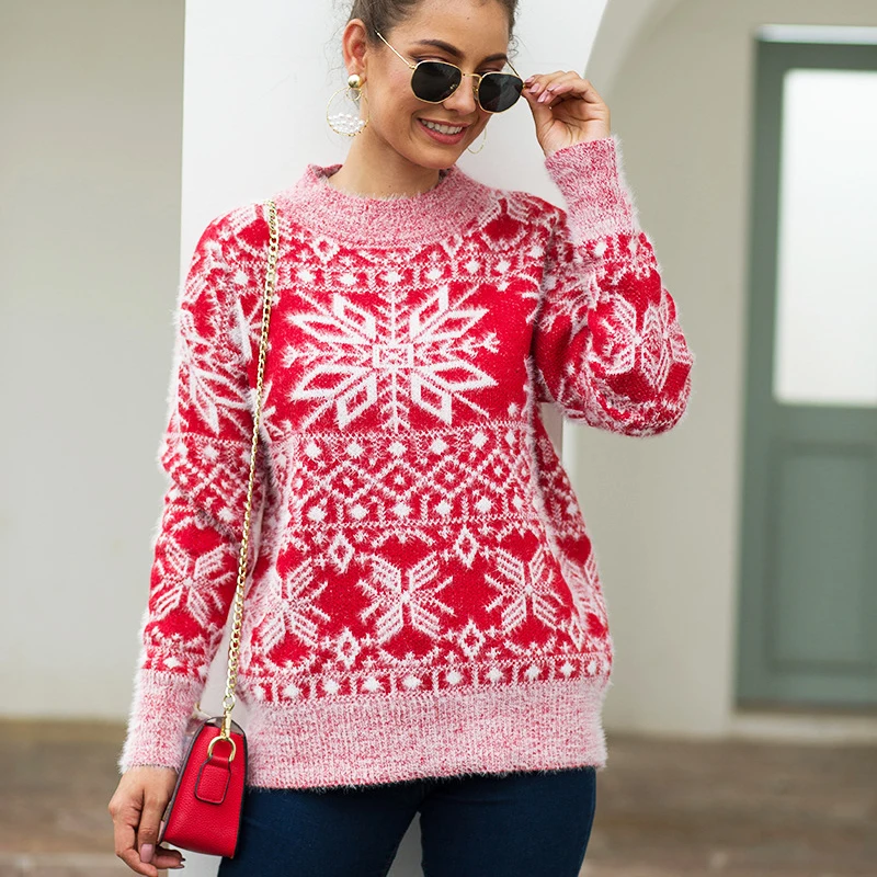 Осень зима свитер женский Повседневный Ретро кашемировый Рождественский пуловер со снежинками вязаные свитера женские пуловеры femme