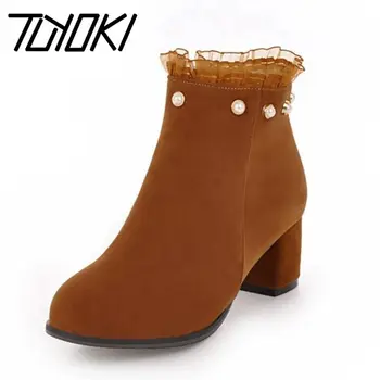 

Tuyoki Size 34-43 Women Ankle Boots Beads Ruffles High Heels Winter Shoes Woman Zipper Round Toe Heeled Botas Footwear