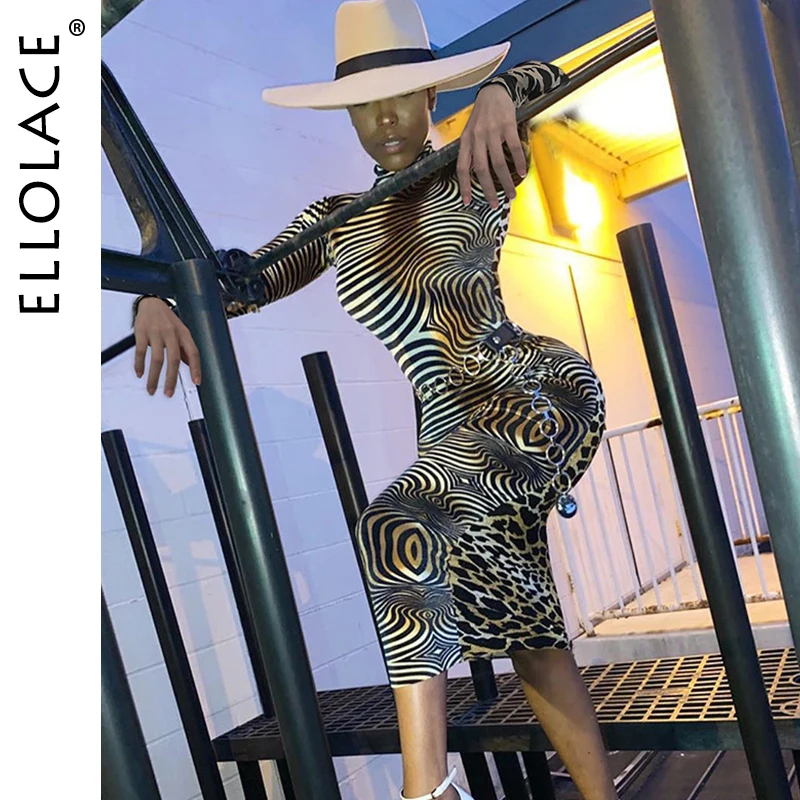 

Ellolace Fashion Animal Dresses Women Autumn Bodycon Slim Long Sleeve Party Long Dress Female 2019 zebra Leopard Print Dresses