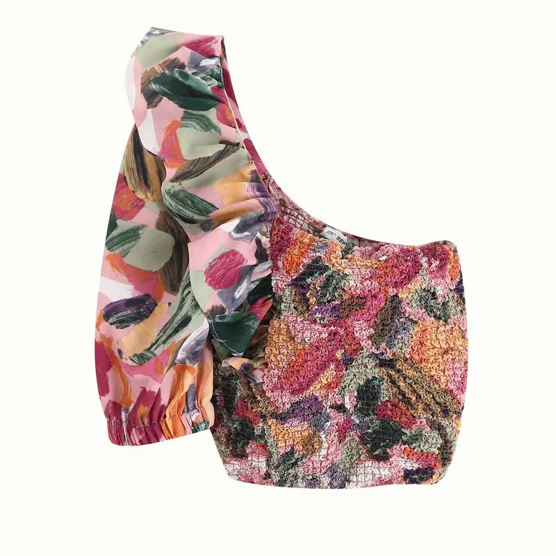 

Fashion women BB45-9537 Asymmetric Printed Blouse with European and American Fashion Style
