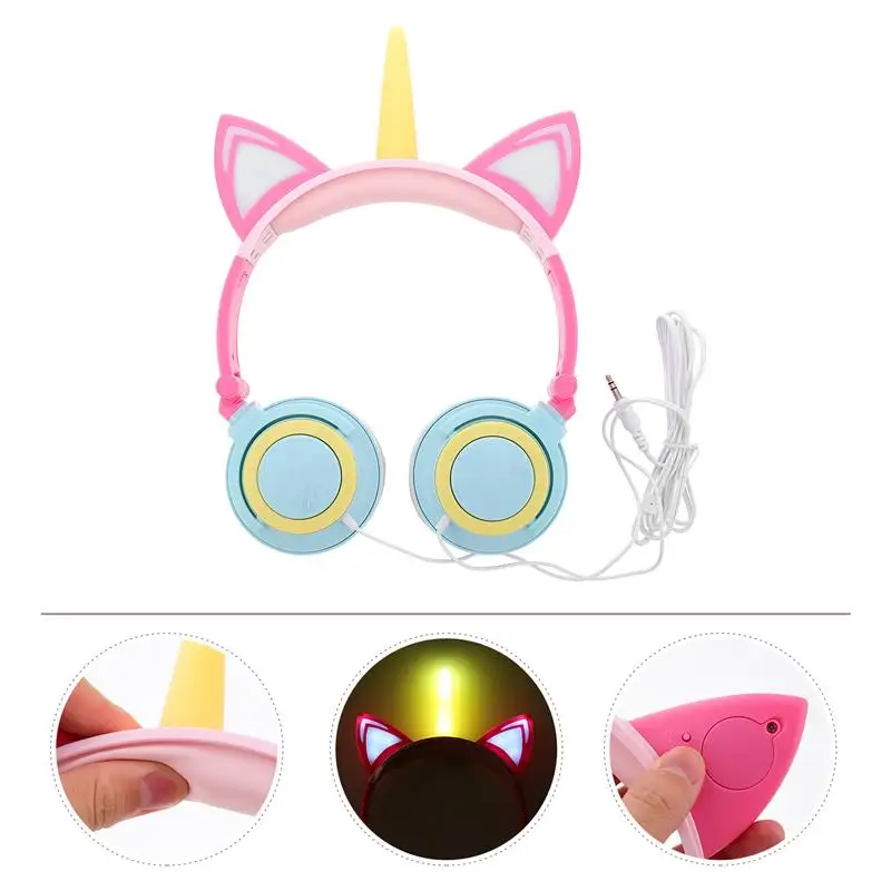 Funny Kids Headphone Led Light Unicorn Wired Headphones Girl Gamer PC Earphone Foldable Music Gaming Overear Headset Auriculares