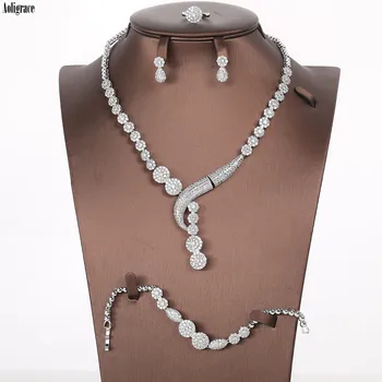 

4Pcs Jewelry Sets Cubic Zirconia CZ Zircon Bridal Rhinestone Bracelet Long Pendant Crystal Silver Plated Necklace Earrings