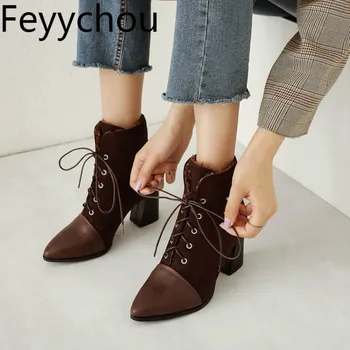 

Women Boots Autumn High Heel Warm Plush Pointed Toe Lace Up Ankle Patchwork 2019 Simple Winter Versatile Wine Red Big Size 34-48
