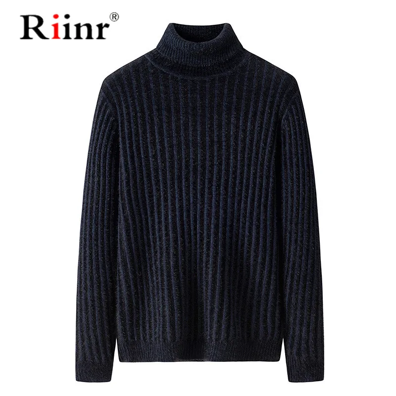 Riinr, мужской теплый свитер с высоким воротом, hombre, модный однотонный вязаный мужской свитер, повседневный тонкий пуловер, мужской топ с двойным воротником