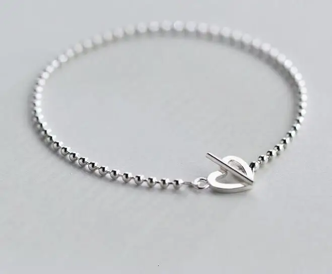 

925 Real. Sterling Silver Lucky Bar &Open Heart toggle Chain Bracelet Lady's Bohi charms Adjustable GTLS365