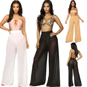 

Fashion Women's Boho Wide Leg High Waist Trousers Beach Long Loose Mesh Sheer Pants Hot