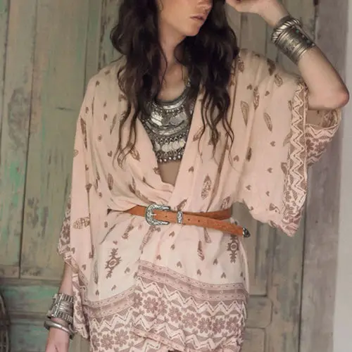 Boho Style Women Long Sleeve Chiffon Kimono Cardigan Summer Bikini Cover Up Beach Wrap Dress Swim Wear Holiday Sundress