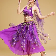 Болливуд набор костюма для танца живота Индийский танец сари танец живота юбка костюм женский шифон 5 шт.(головные уборы вуаль Топ Пояс юбка