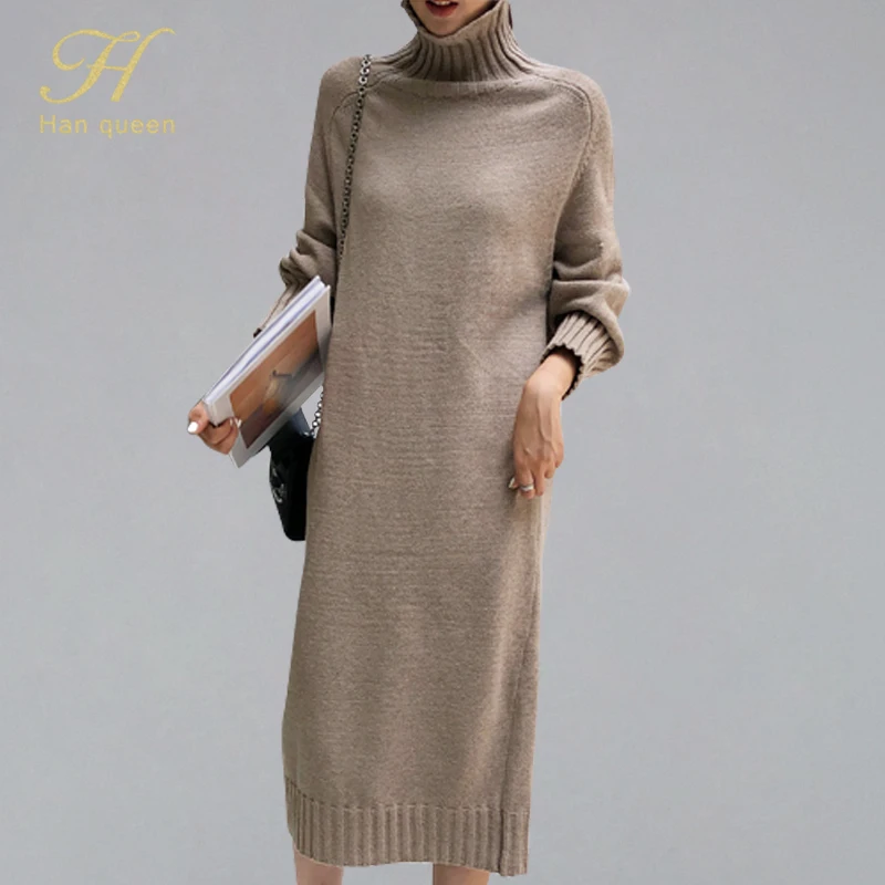 

H han queen Autumn turtleneck Sweater Dresses Women Long-sleeve Stretch Knitting Vestidos Korean Runway 2019 Work Casual Dress
