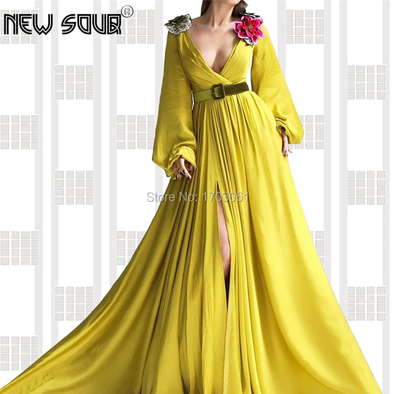 

Muslim Embroidery Long Evening Dresses Long Sleeve Dubai Design Robe De Soiree 2019 New Saudi Arabic Split Side Prom Party Gowns