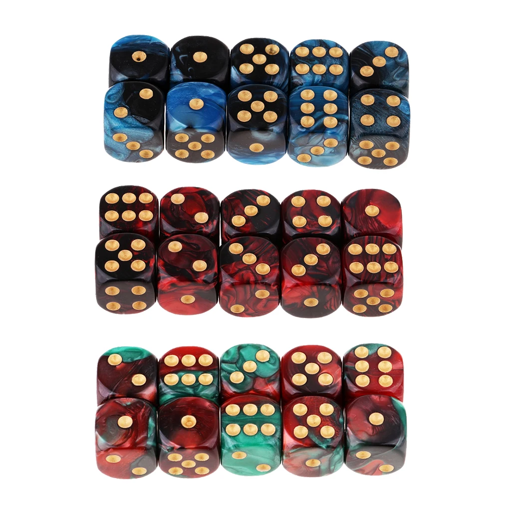 30x Two Colors Square 6 Sided 16mm (D6) Table Game Dice Set With White Pips