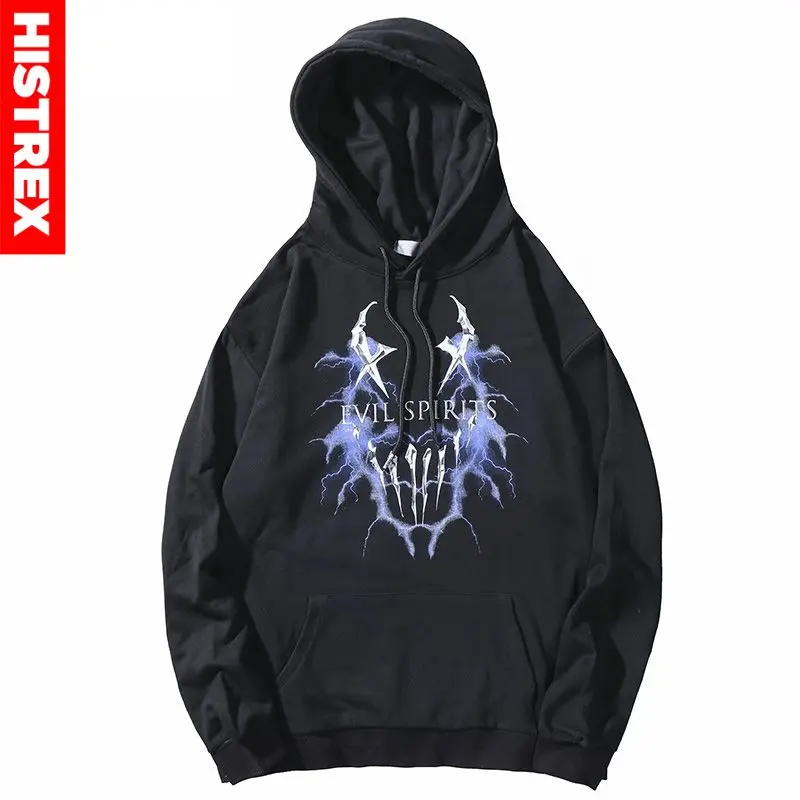 2020 Men Hip Hop Hoodie Sweatshirt Lightning Devil Print Harajuku Streetwear Hooded Pullover Cotton Autumn Loose Black | Мужская одежда