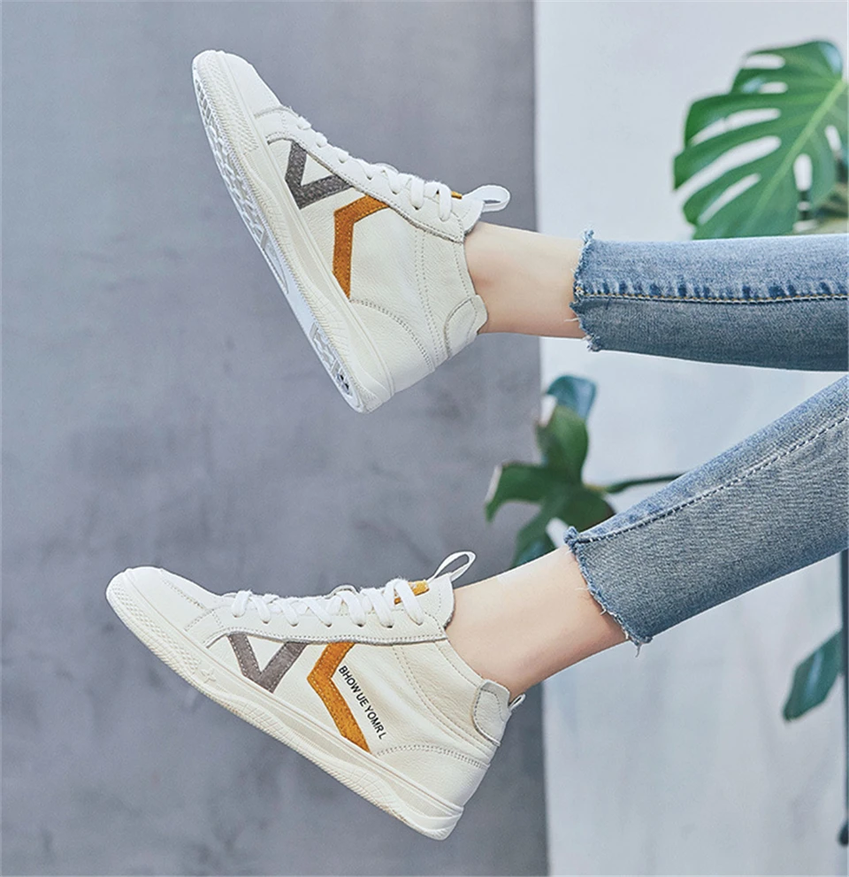 Leather high shoes women autumn new casual basic sports wind trend female models flat air color matching high state shoes