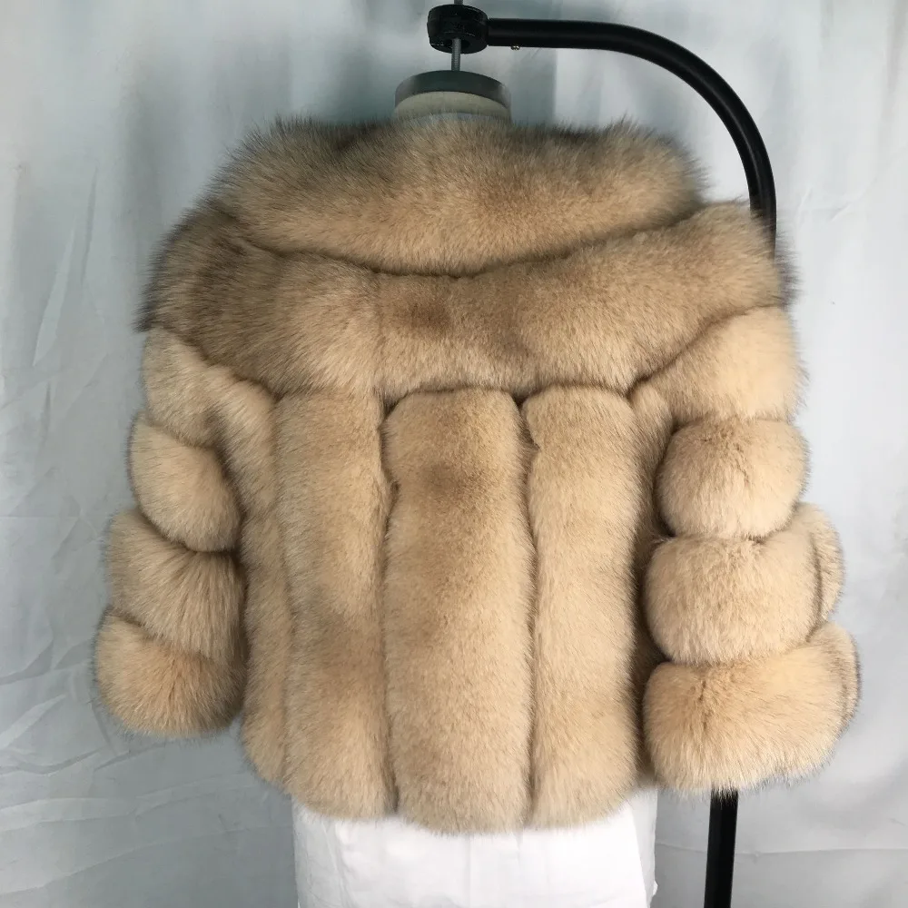Модное темно-серое пальто, куртка из лисьего меха, короткое пальто из натурального меха для женщин, пальто из натурального Лисьего меха, зимняя теплая одежда с рукавами три четверти