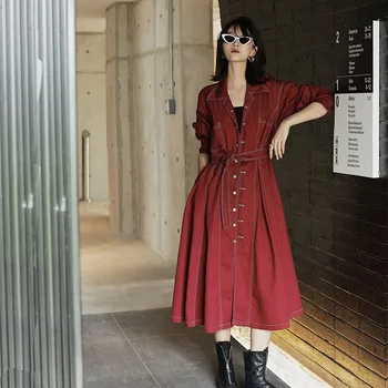 

New Winter And Autumn Retro Long Red Jeans Trench Coat Loose Mandarin Collar Female Vintage Overcoat