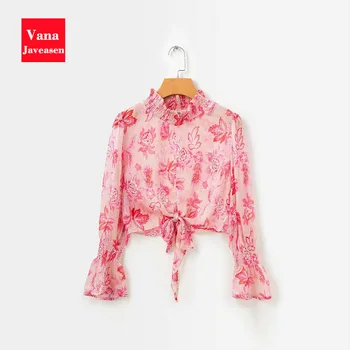 

Turtleneck Chiffon Floral Pattern Woman Blouse Sexy Bow Flare Sleeve Short paragraph Streetwear Autumn Woman Short Shirt Tops
