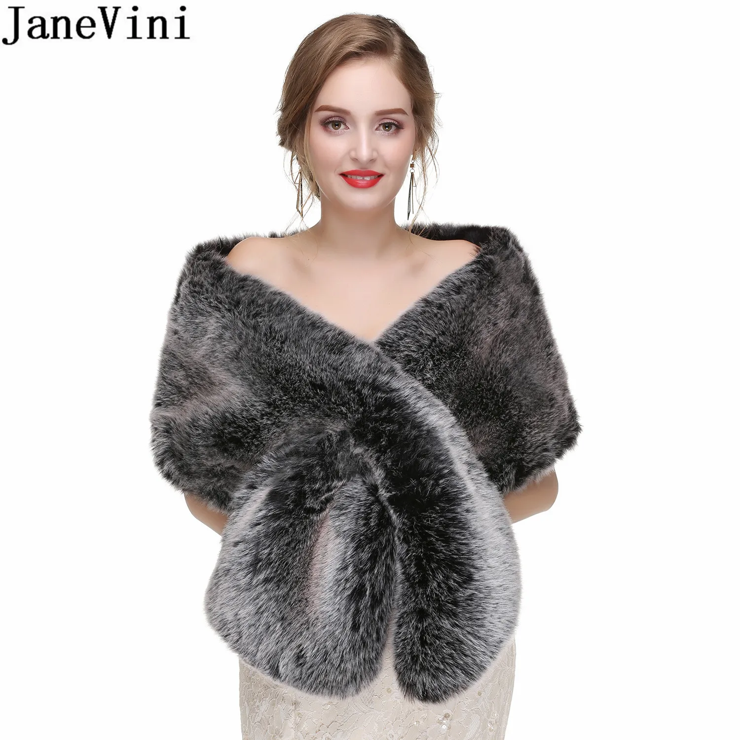 JaneVini 2021 High Quality Evenig Bolero Wedding Jacket Fur Stola Bridal Coat Wraps Faux Fur Shawl Capes Winter Party Boleros