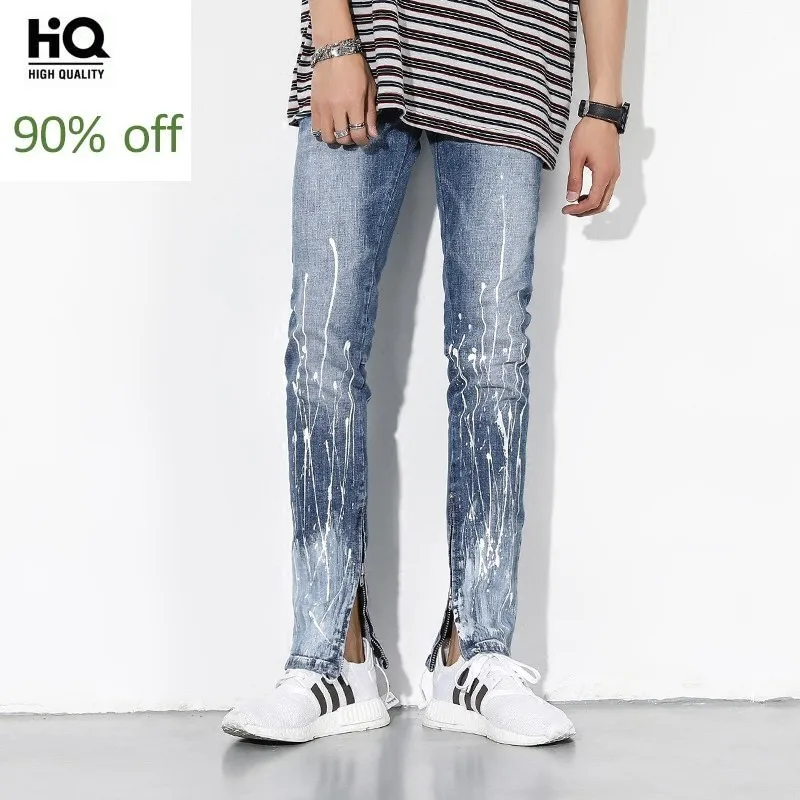 

High Street Side Zipper Stretch Jeans Men Washed Blue Print Slim Fit Mens Brand Jeans Pants 2020 Cowboy Trousers Male Streetwear