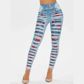 

2020 Leggings Women Fashion Leggings Stripe Imitation Jeans Print Wet High Waist Plus Size Leggins Pants лоссины для фитнеса