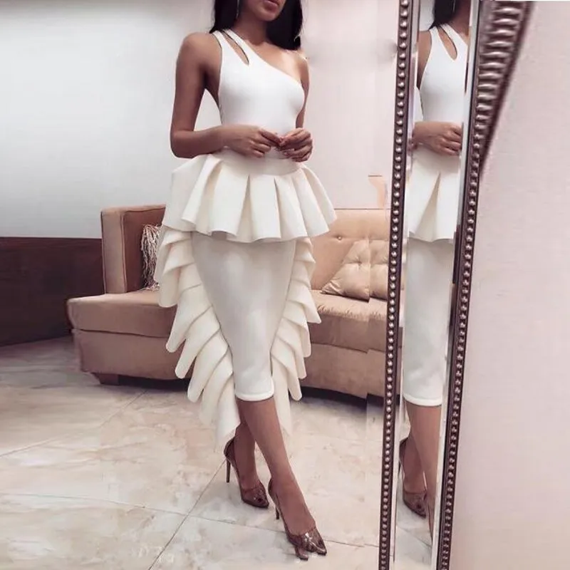 

White One Shoulder Cocktail Dresses With Ruched Peplum Satin Tea Length Short Evening Gowns Robe De Soiree Party Dress