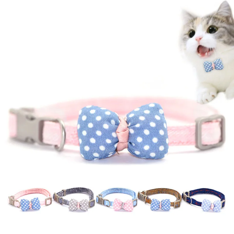 

New Cute Cats Bell Collar For Cat Dog Necklace Funny Wave Point Collars Adjustable Cotton Bow Neck Strap Leads Cat Accessories