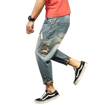 

Autumn new retro hole jeans men's ankle trousers cotton denim trousers men's large size high-quality nine-point pants