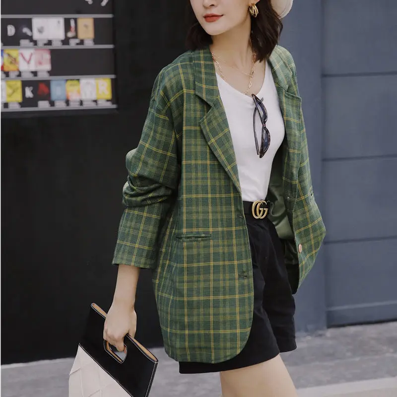 HziriP Green Plaid All Match Retro Pockets New Stylish Vintage Office Ladies Chic Slender OL Full-sleeved Large Size Blazers