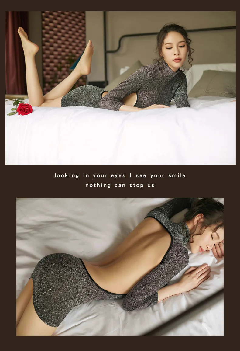 Babydoll/платье с высоким воротником и длинными рукавами для ночного клуба; женское сексуальное нижнее белье с открытой спиной; Эротическое шикарное платье для стриптиза; женская одежда