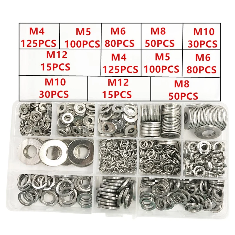 Top-800Pcs/набор Плоских/эластичных прокладок M4 M5 M6 M8 M10 M12 304 из нержавеющей стали