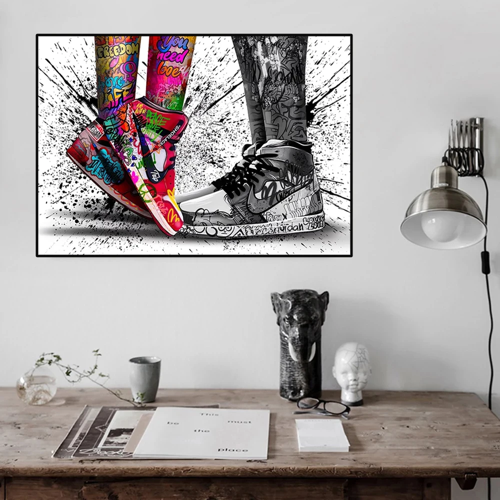 Modern couple sneakers canvas paintings, street art graffiti wall paintings and posters, family living room decoration paintings
