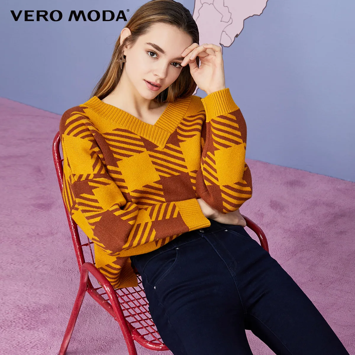 Vero Moda женский свободный крой ассорти цветов плед пуловер свитер вязаный Топ | 319313541