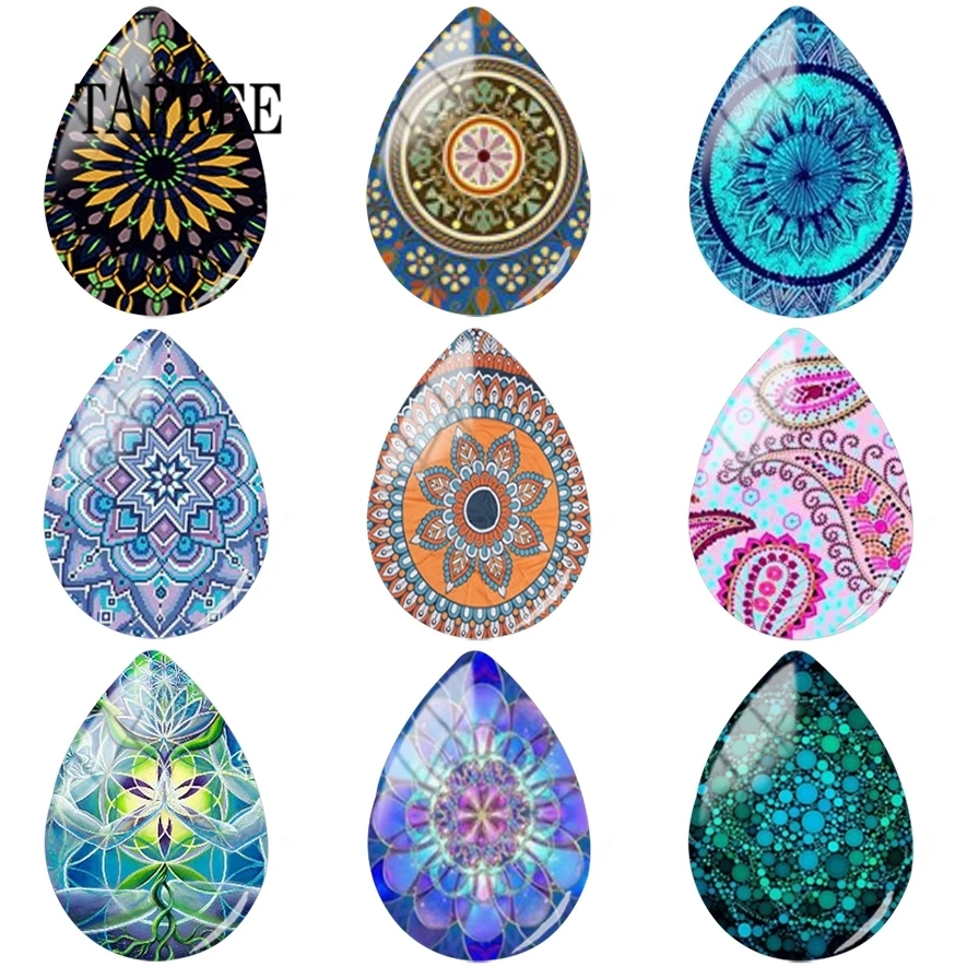 

TAFREE 5pcs/lot Mandala Flower Geometric Art Picture Drop Shape Glass Cabochon Demo Flat Back Making Findings