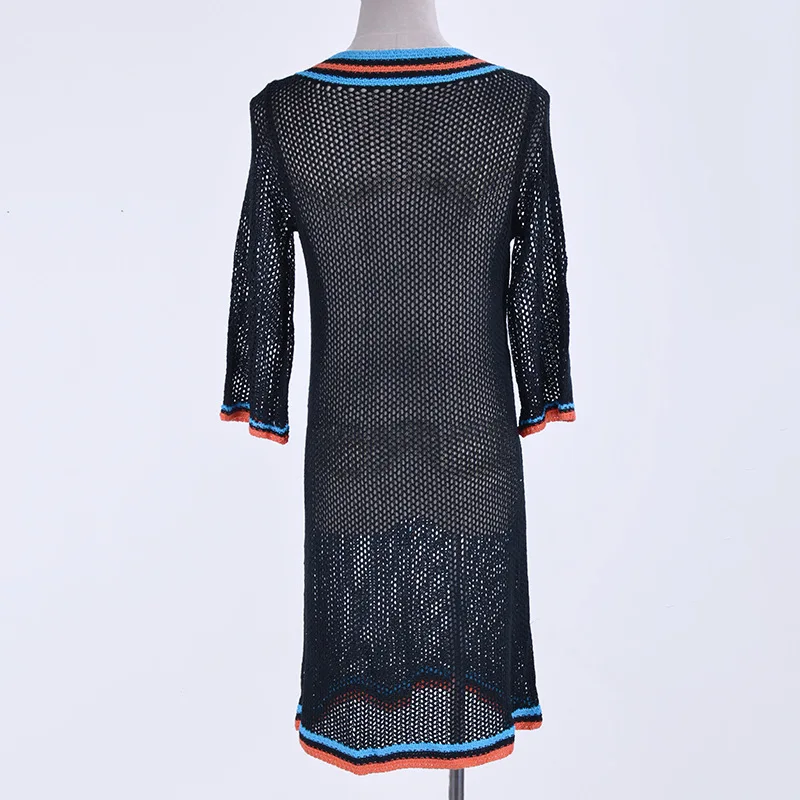 New Swimsuit Beach Bikini Cover Up Women Sexy Deep V Crochet Knit Dress Half Sleeve Embroider Balck Hollow Out Beachwear