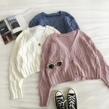 

ins temperament short style retro hemp Jacket Women's fall 2020 new age reduced long sleeve V-neck knitted cardigan