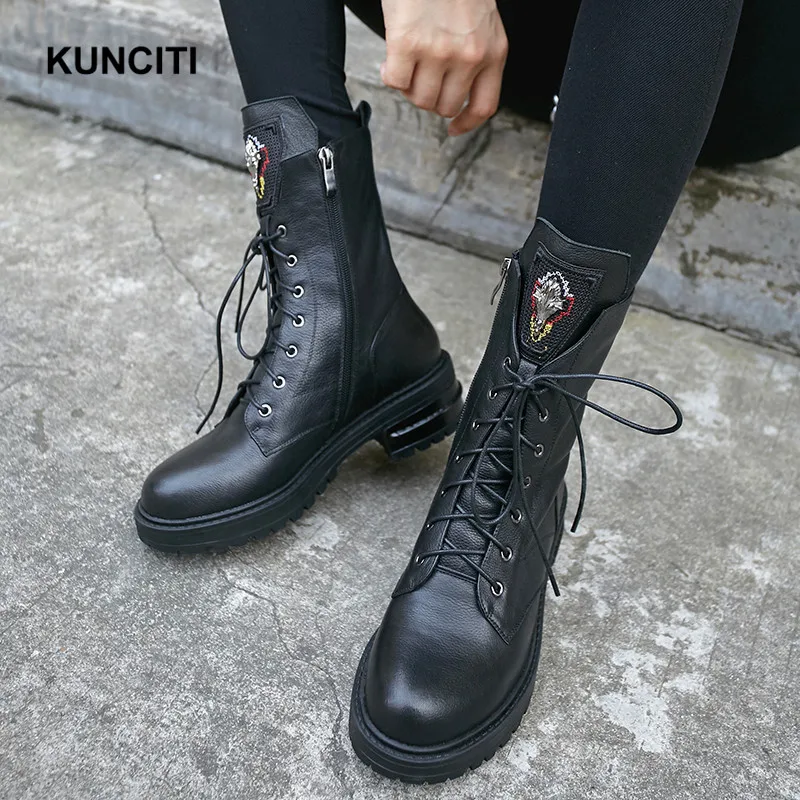KUNCITI/ ковбойские ботинки для женщин; женские зимние ботинки до середины икры на высоком каблуке женские ботинки-гладиаторы на шнуровке натуральная кожа; D9195