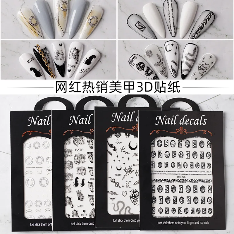 

9 styles of 3D black and white gold and silver three-dimensional English letters-cool animals-irregular graphics nail decals