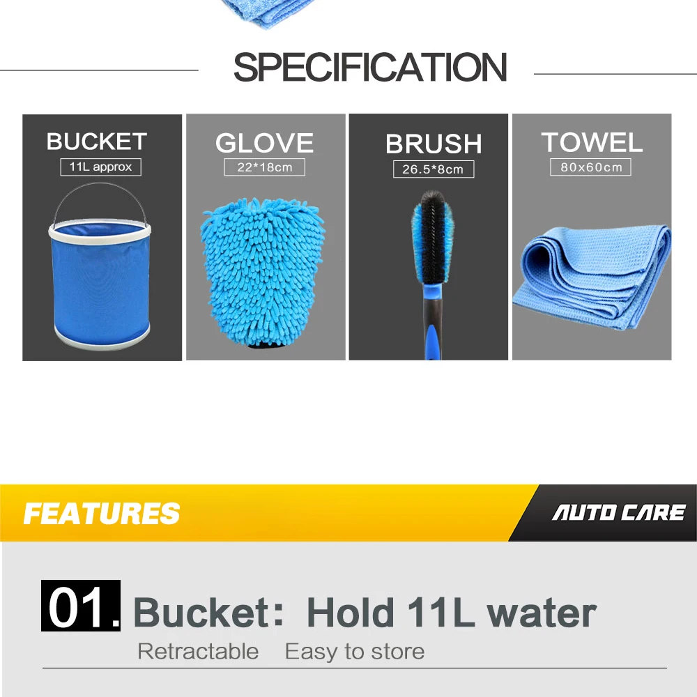 AutoCare 4 шт. набор для чистки и сушки автомобиля включает складное ведро из микрофибры перчатка щетка для мытья магнит микрофибра полотенце для сушки