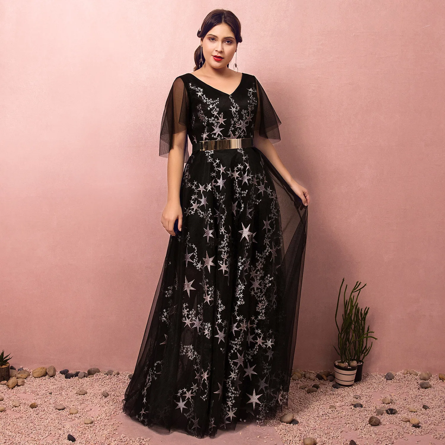 

A-line Evening Dress 2020 Elegant Tullle Dress Floor-length Illusion Dress Lace-up Plus Size Dress with Mental Belt Lace-up