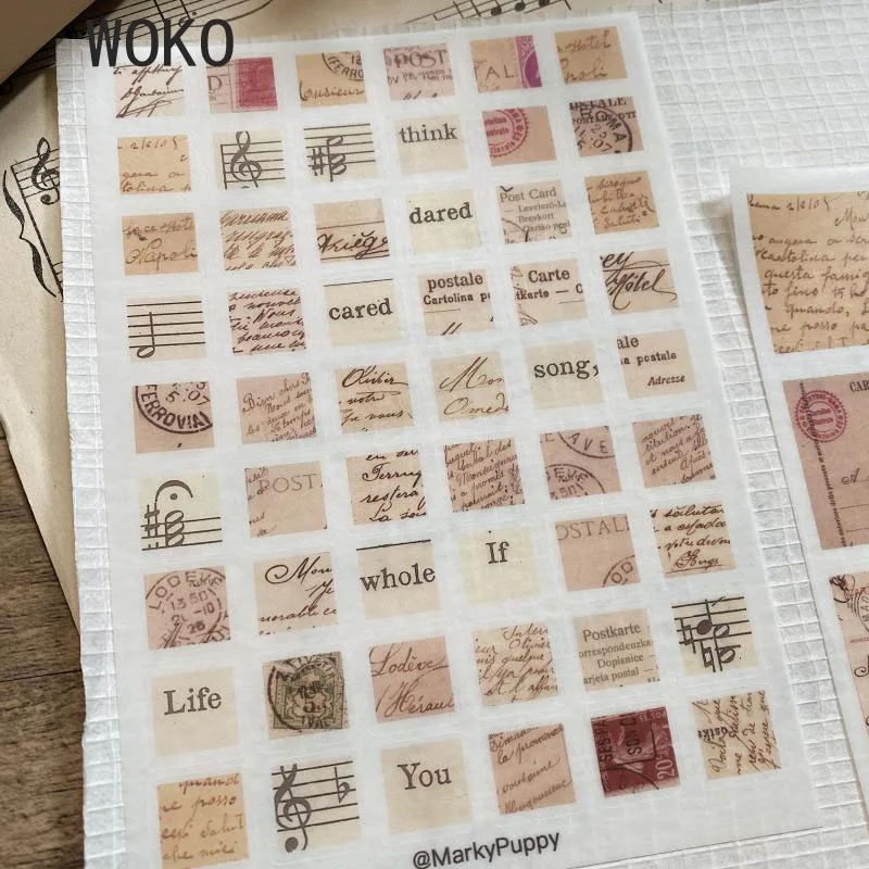 WOKO 4Sheets Retro Stamp Letter Postmark Musical Note Old Handbook Material Deco Die Cut Sticker DIY Bullet Journal Scrapbooking