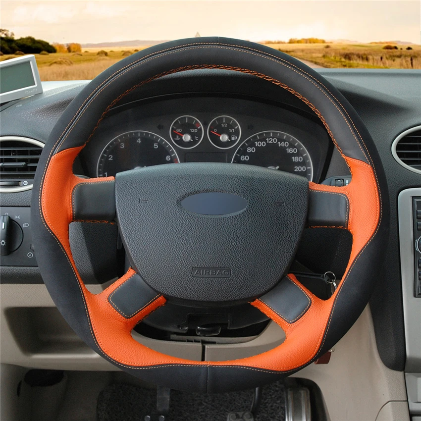 Черный замшевый оранжевый кожаный чехол рулевого колеса автомобиля для Ford Kuga 2008-2011 Focus 2 2005-2011 C-MAX 2007-2010 Transi