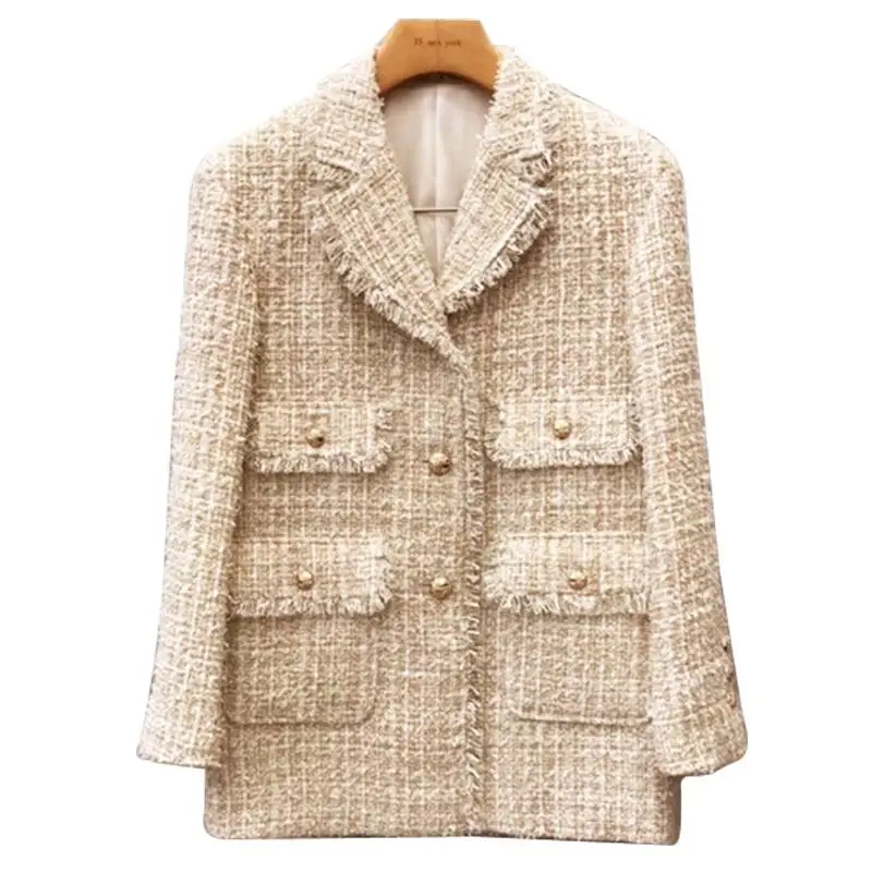 

Notched Collar Plaid Pocket Tweed Blazer Women Coat Single Button Tweed Suit Jacket Pockets Long Sleeve Outwear Coat Jacket