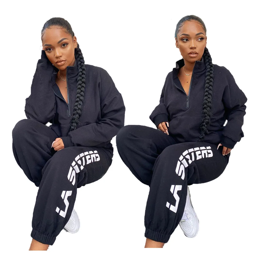 

Solid Color Letter Print Frog Hoodie Women Two Piece Outfits Activewear Sweartpants Zipper Autumn Jogger Suits All-Match