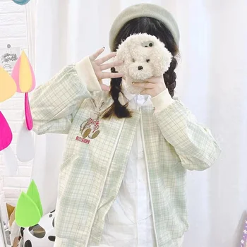 

Japanese Womne Rabbit Embroidery Cute Small fresh Plaid Coat Spring Girls Student Jacket Harajuku Sweet Bat sleeve Short Outwear