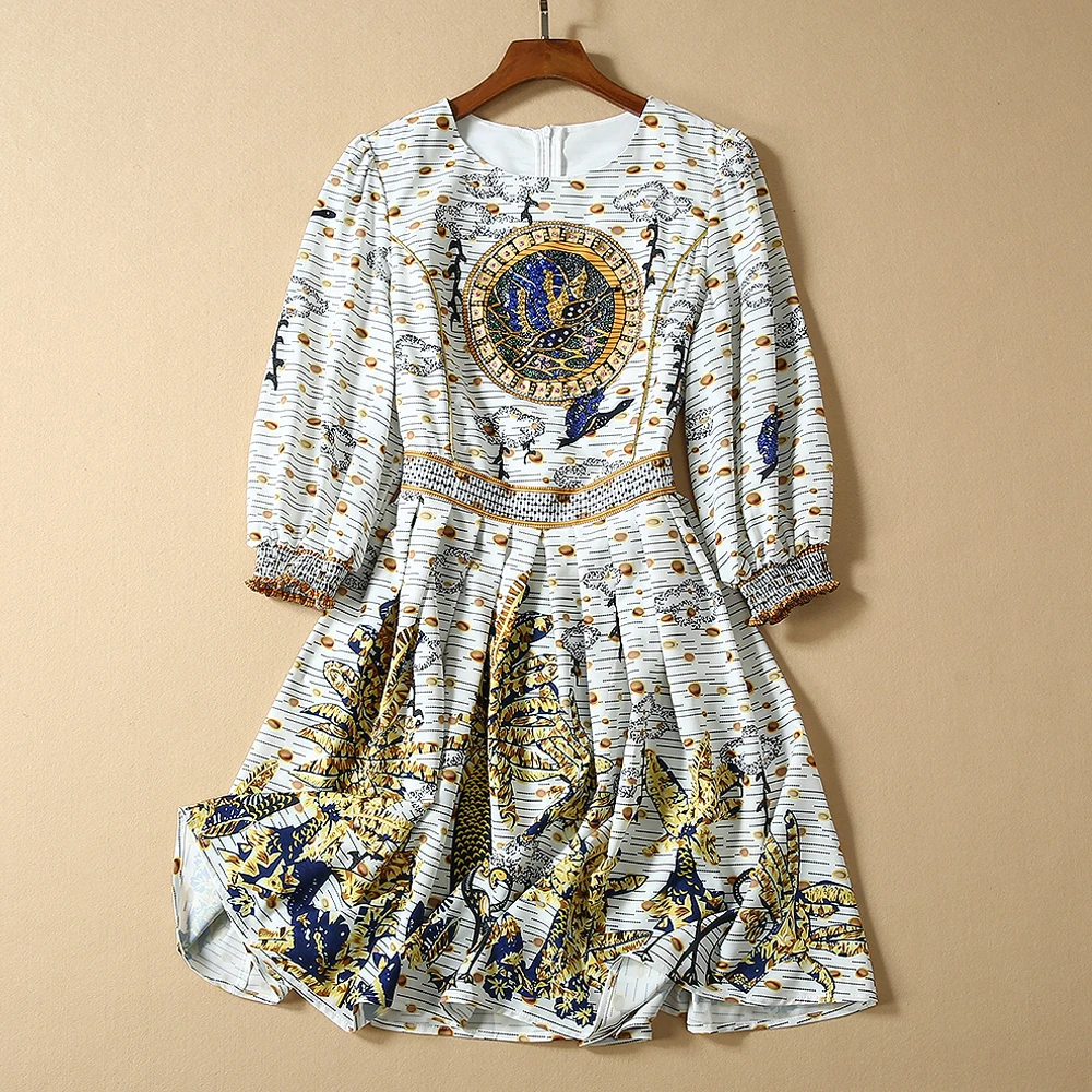 

Red RoosaRosee Designer Women Luxury Bead Sequin Vintage Print 3/4 Sleeve Mini Dress Gorgeous Autumn Party Vestidos Robe Femme