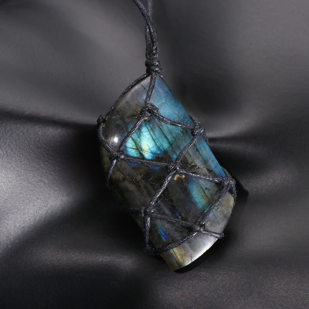 

Fashion Natural Stone Labradorite Necklace Pendant Wrap braid Necklace macrame Necklace for Women Men Energy necklace Unisex Hot
